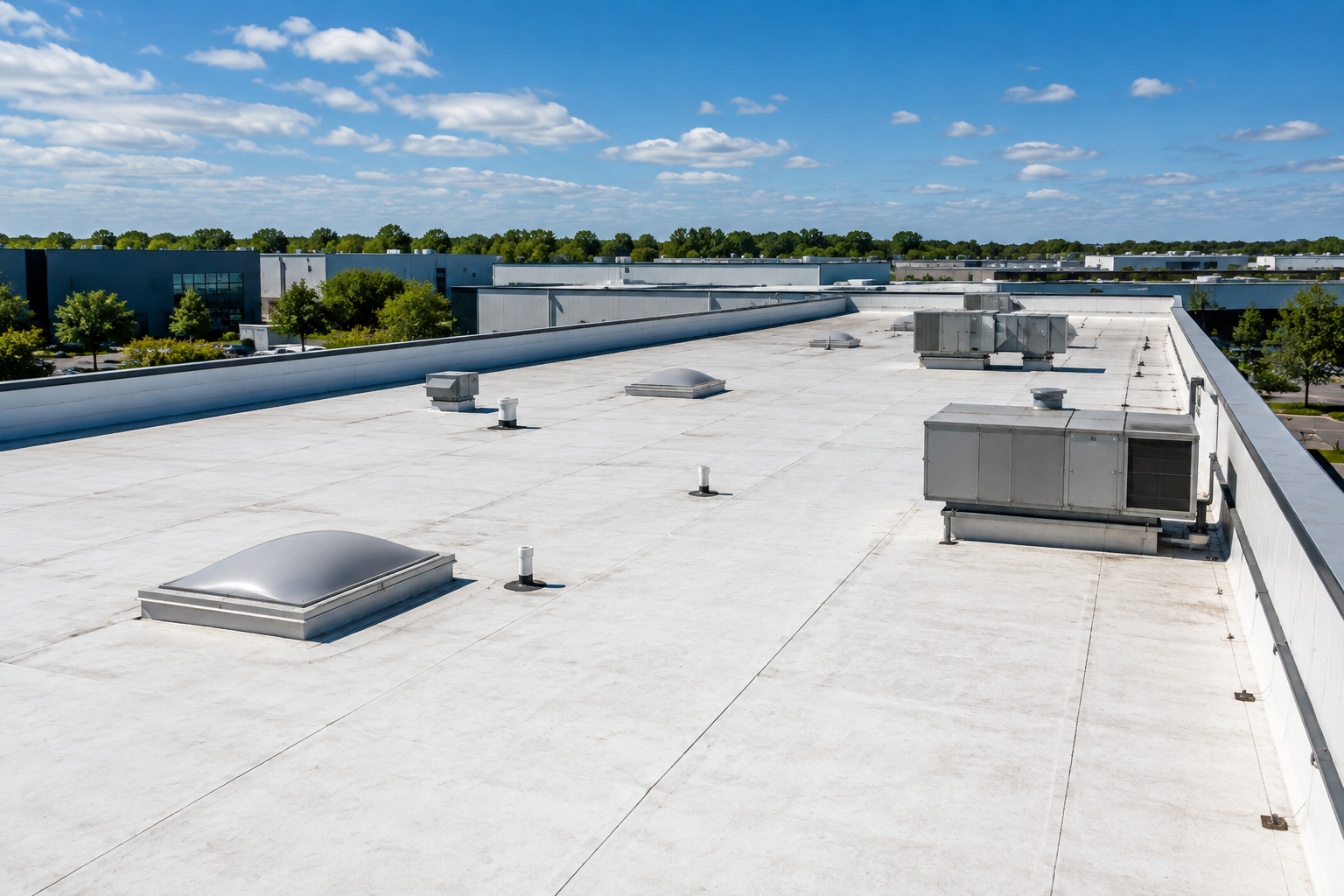 Roofing contractors installing a commercial roofing system